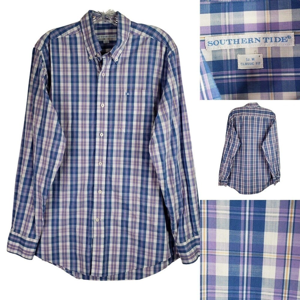 Southern Tide Mens Button Down Long Sleeve Check Plaid Size Medium Purple